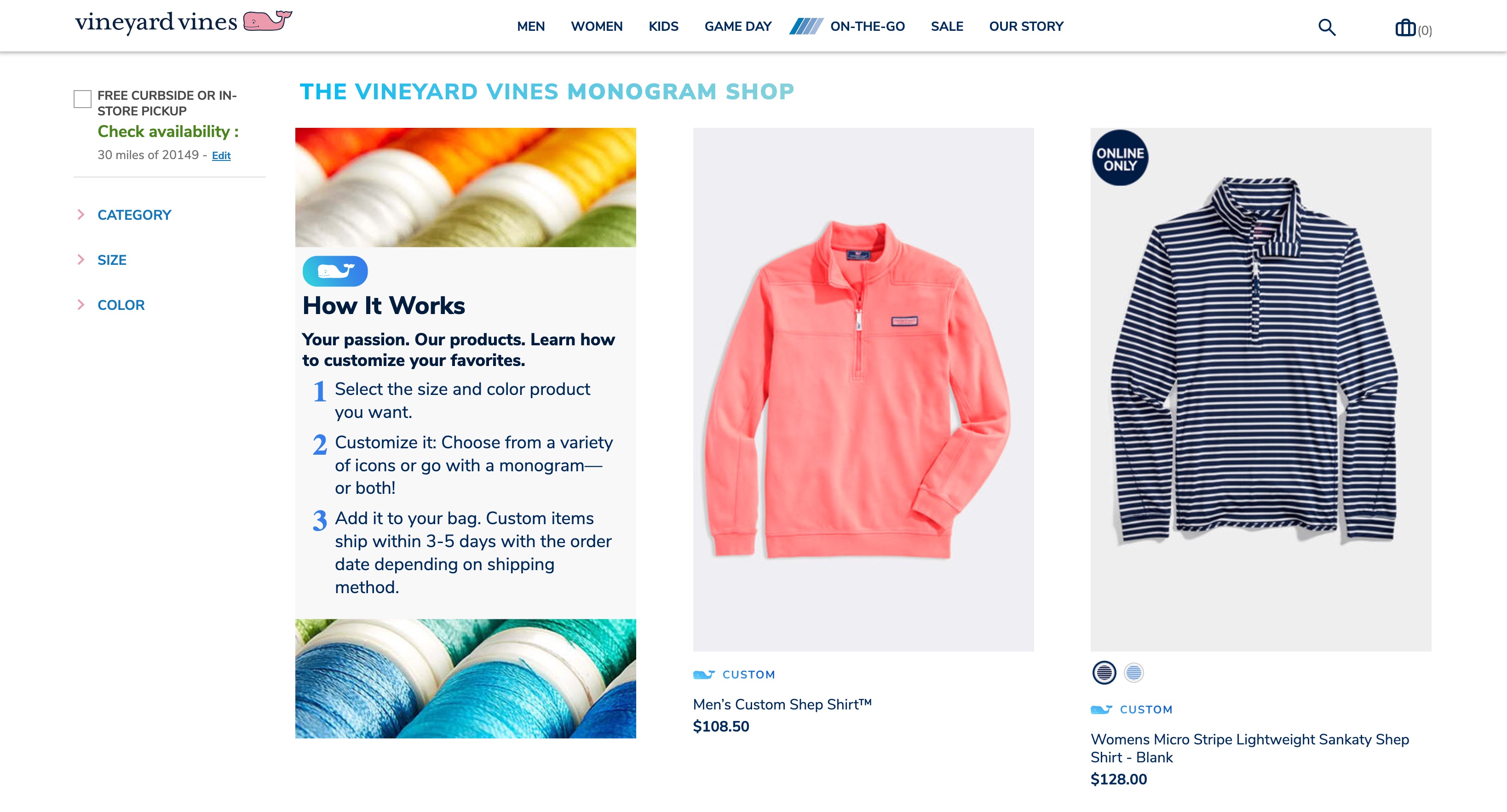 Screengrab from the vineyard vines monogram shop with example items and customization instructions.