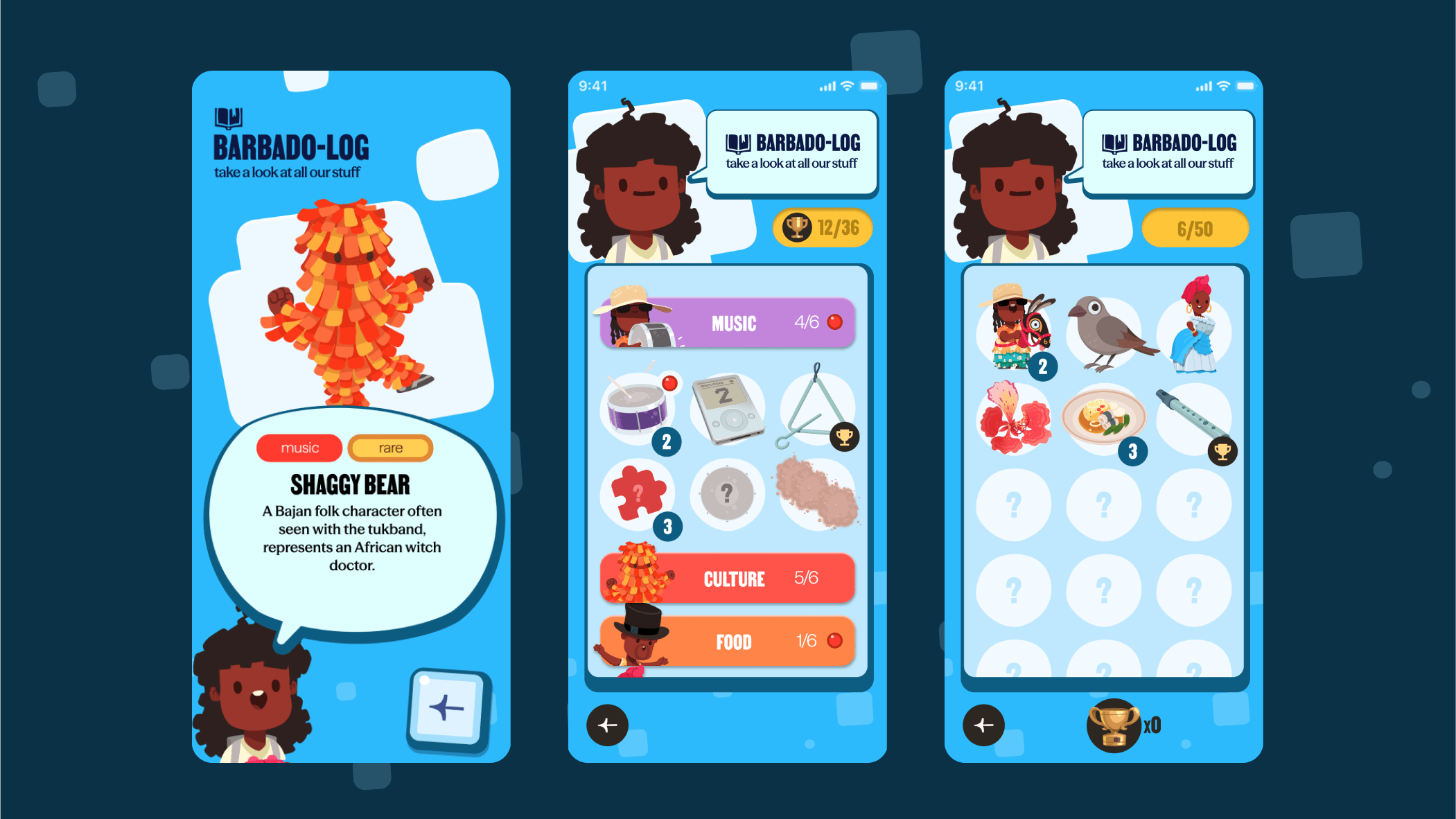 Screenshots from a ARtefact Adventure learning game showing cultural factors from Barbados