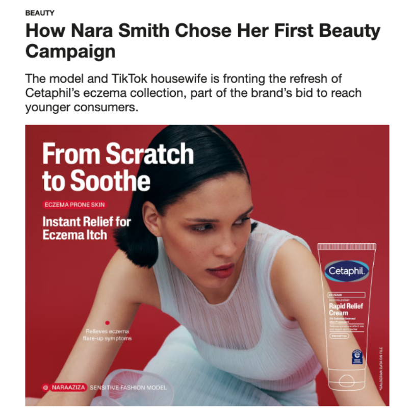 News headline and photo of Nara Smith for an article about her Cetaphil partnership.