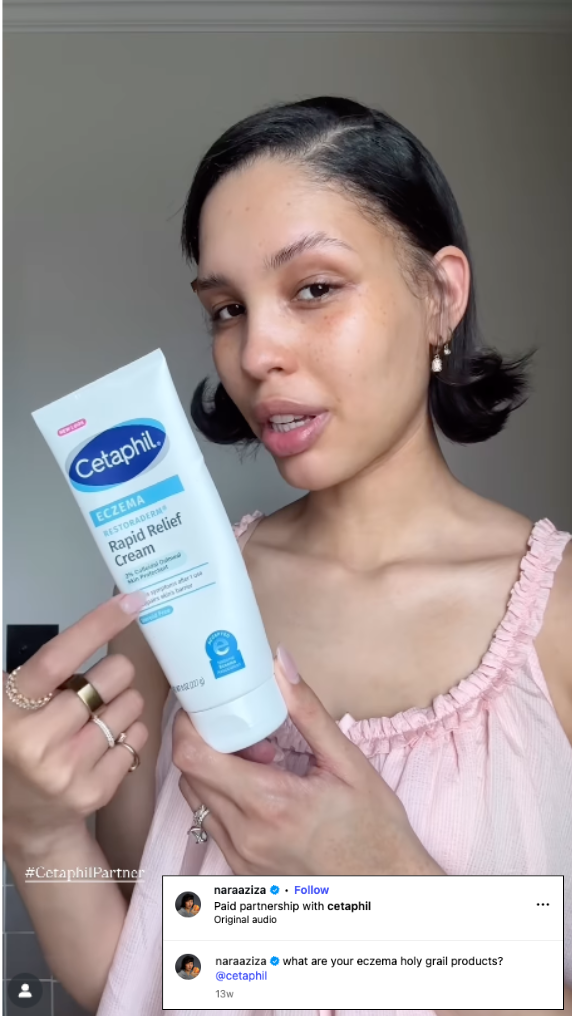 Video still of Nara Smith holding a bottle of Cetaphil eczema cream for an Instagram ad.