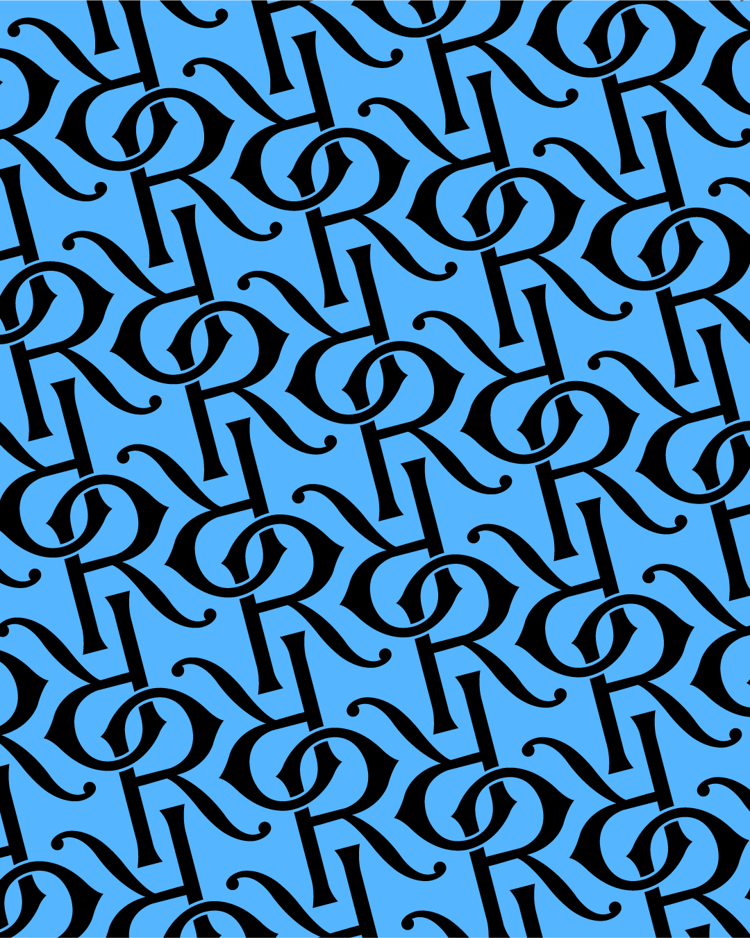 A repeating pattern of intertwined black letter R's on a blue background.