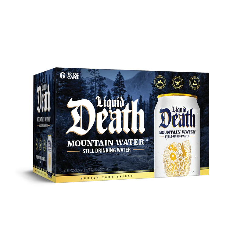 A 6-pack of Liquid Death Mountain Water cans and its packaging.