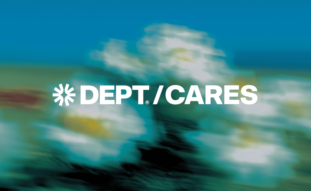 Logo for "DEPT/CARES" in white against a blurry background of blue and dark teal with soft, white flower shapes, suggesting movement or a caring, gentle focus.