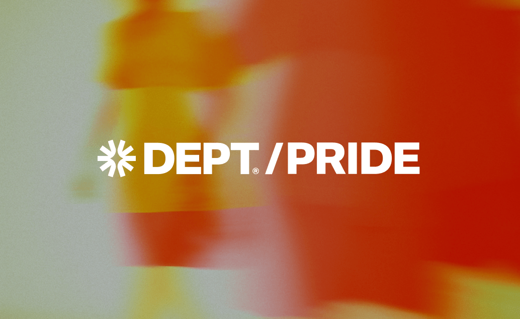 Logo for "DEPT/PRIDE" in white against an abstract, blurred background of white, green, and vibrant orange-red colors.