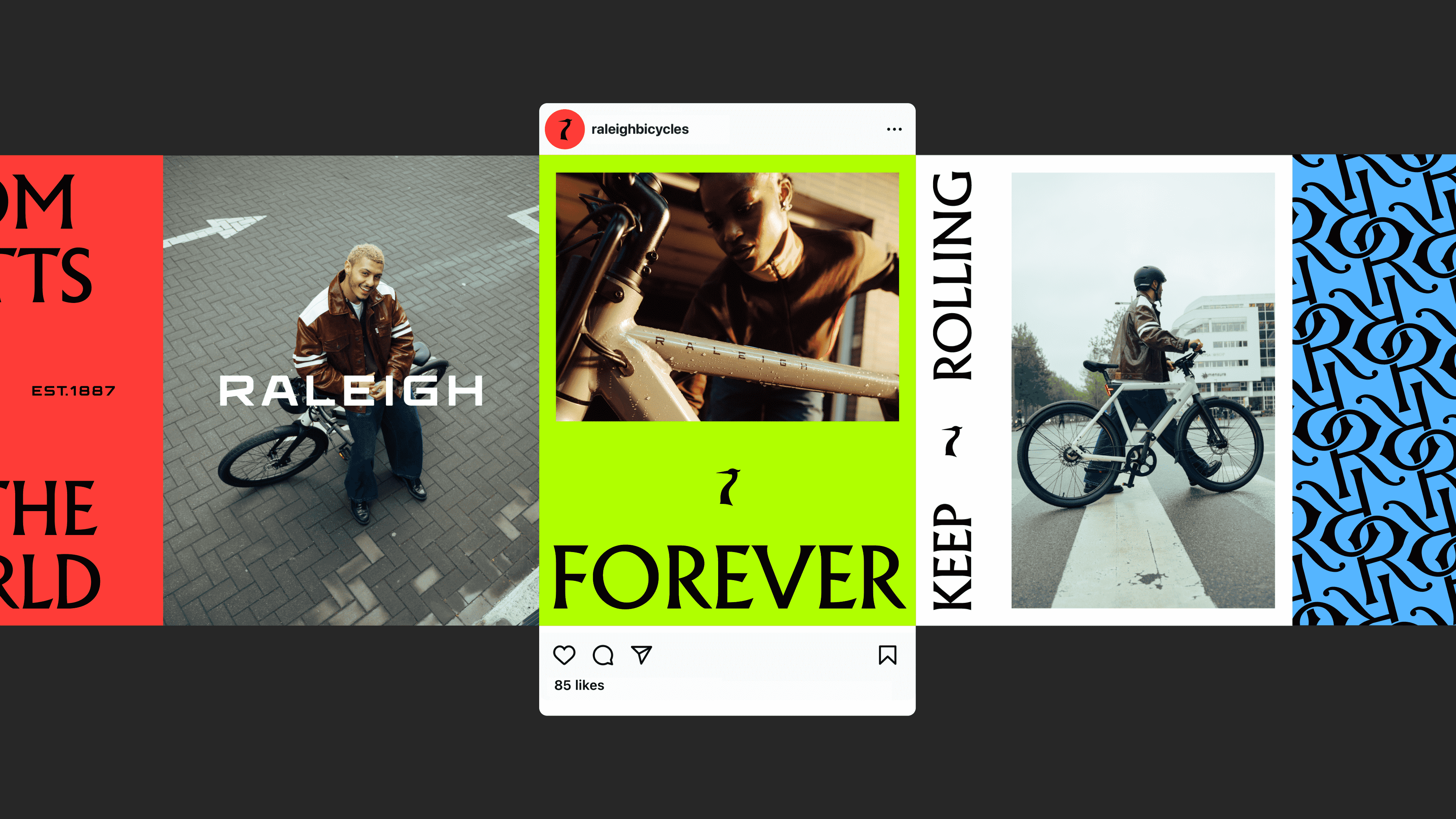 Montage of Raleigh bicycle marketing materials, including a social media post and brand visuals.