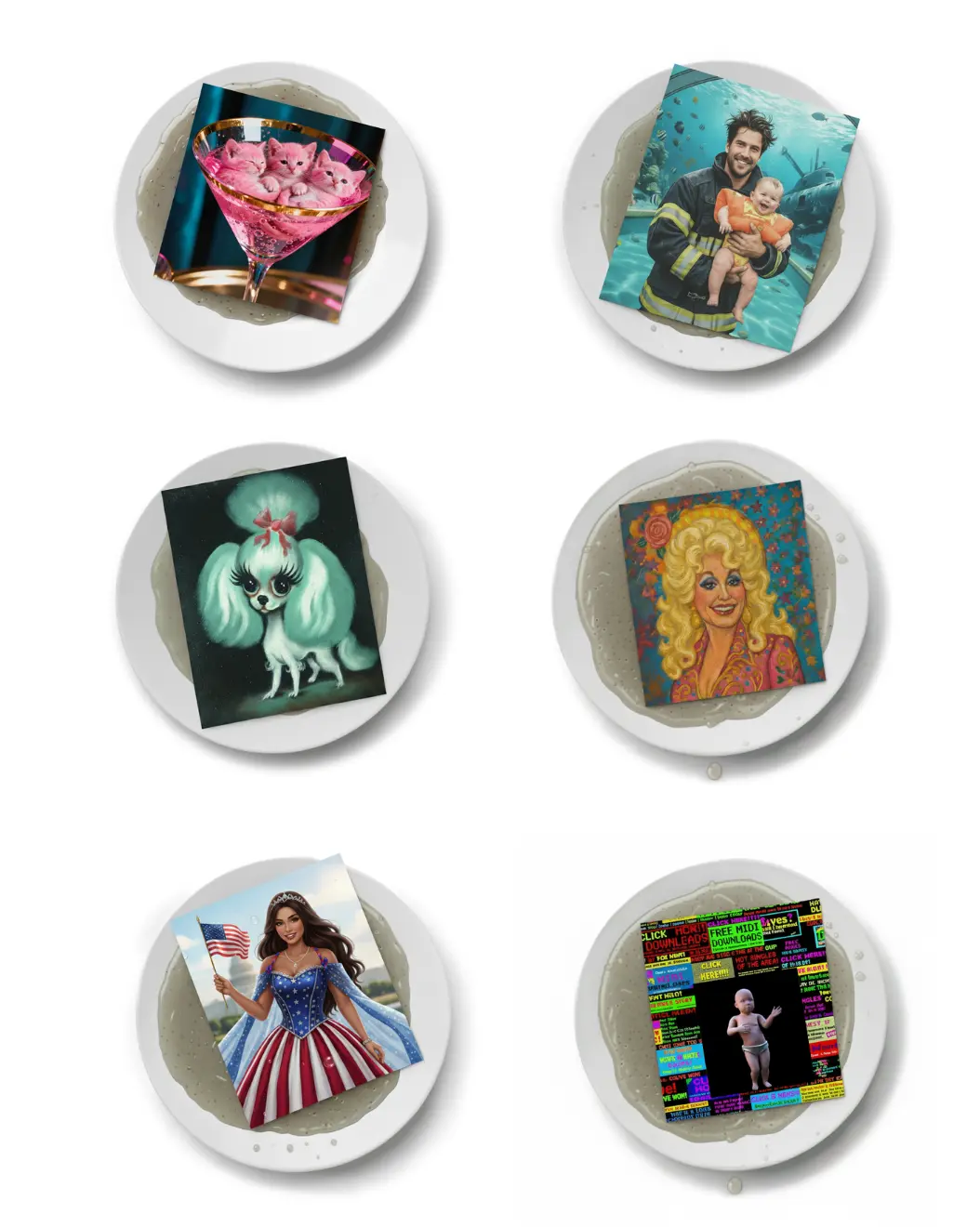 Six different AI generated slop images each one on a white plate