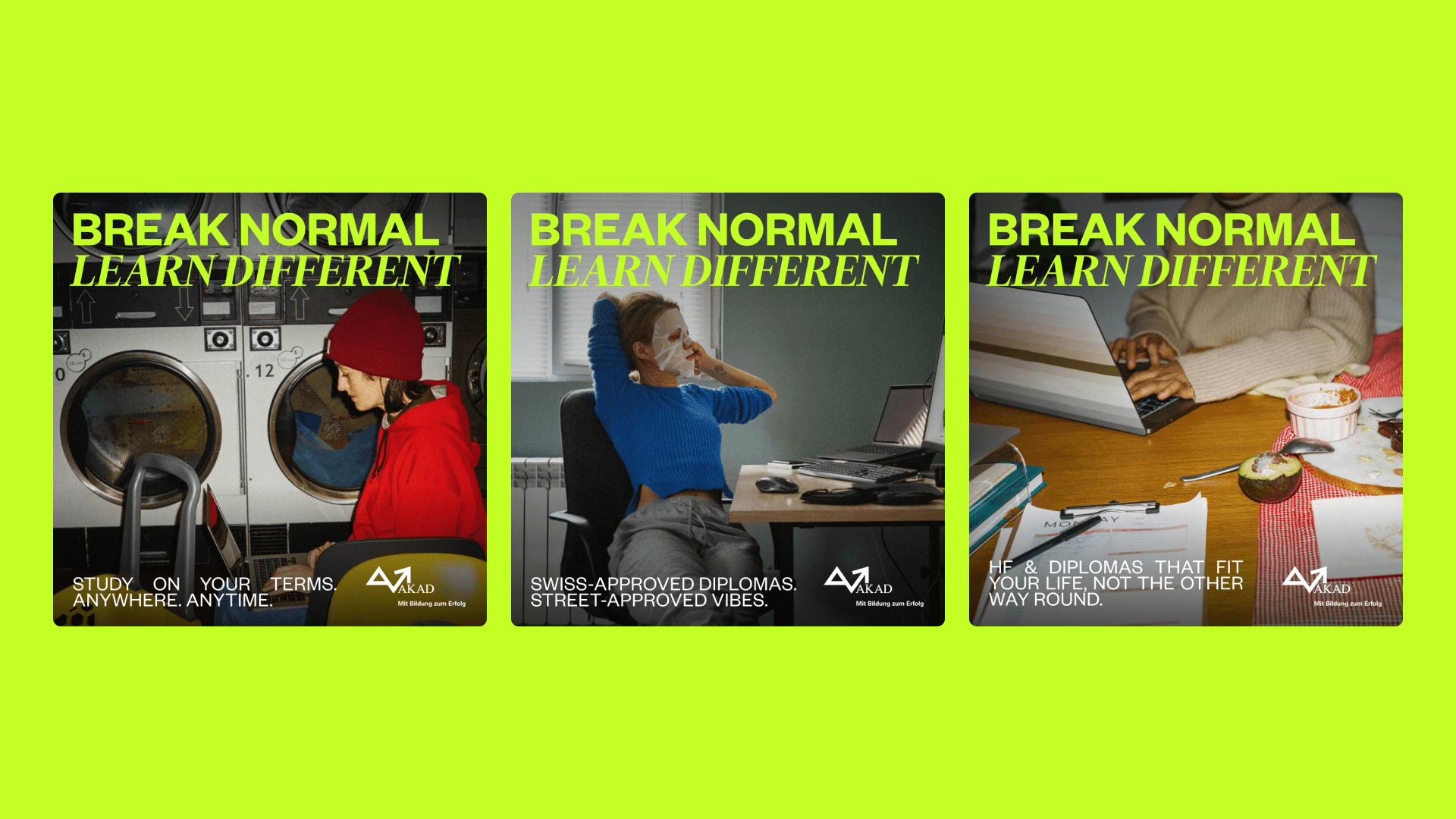 A three-panel grid of social media ads for AKAD University, each featuring the headline "BREAK NORMAL LEARN DIFFERENT." The ads show students in non-traditional settings: doing laundry, wearing a face mask while studying at a desk, and eating while working on a laptop.