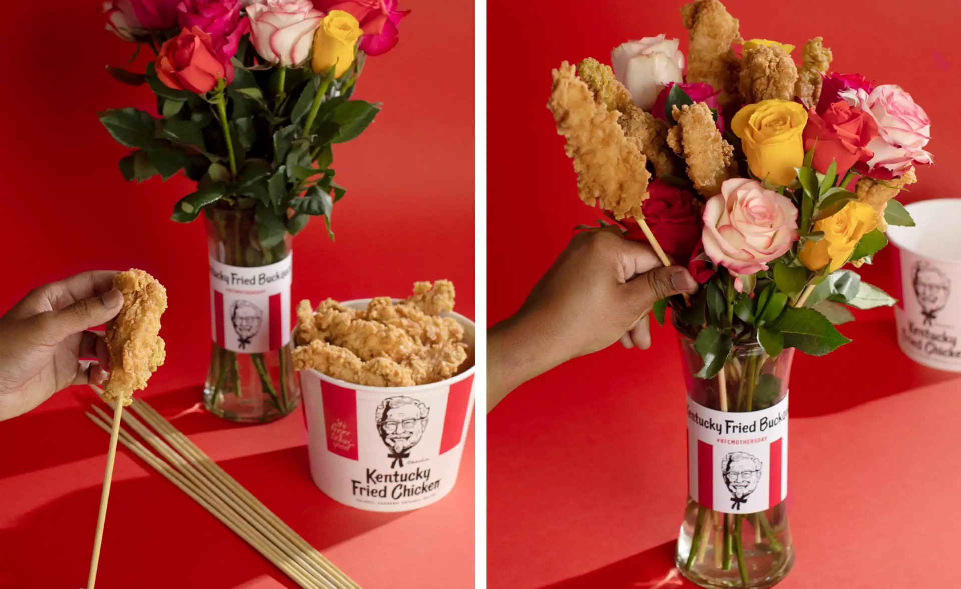 Two-panel collage showing a hand preparing the KFC Buckquet by skewering fried chicken and arranging it with roses in a vase.