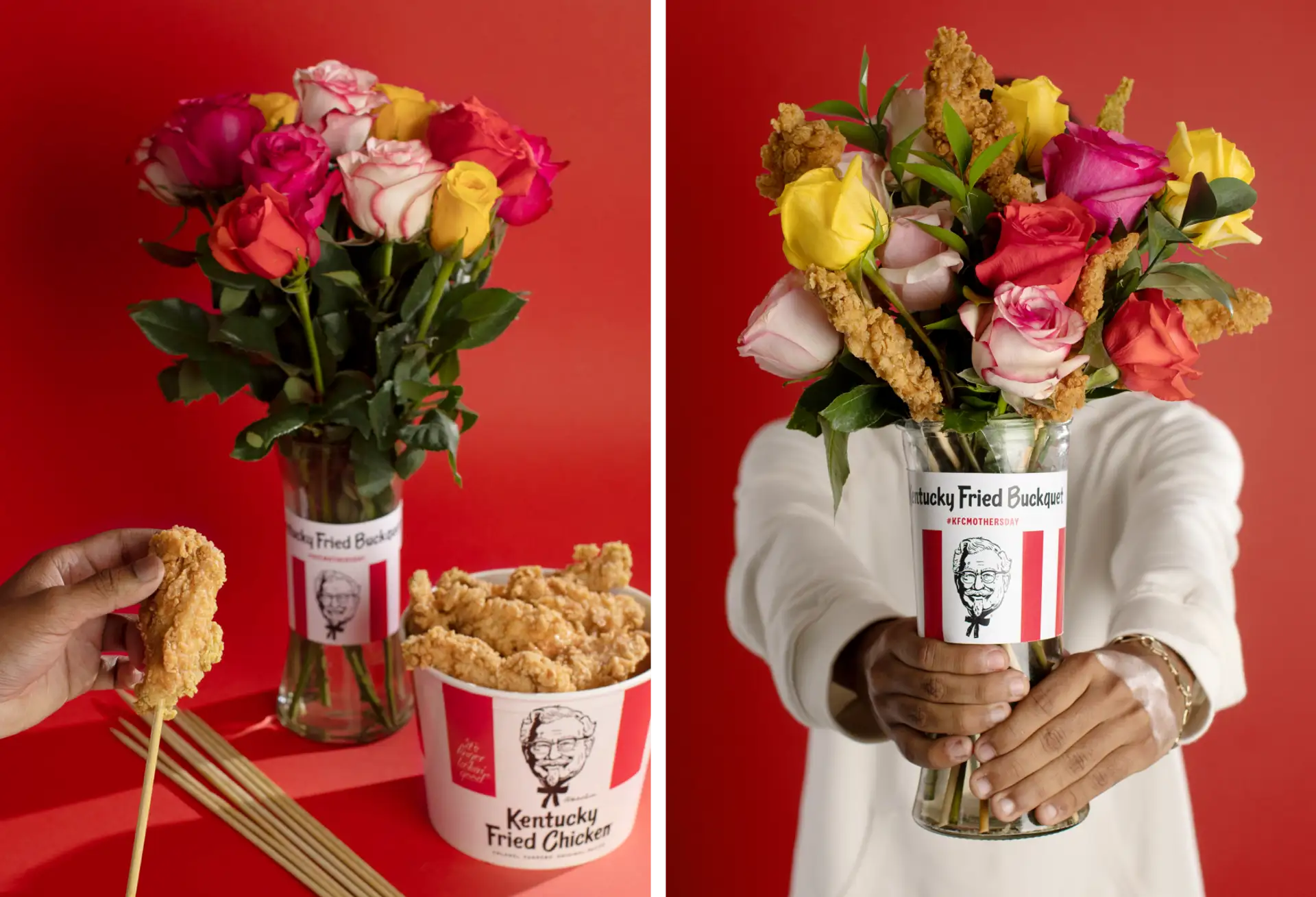 Collage showing the preparation and presentation of the KFC Fried Chicken Buckquet with roses.