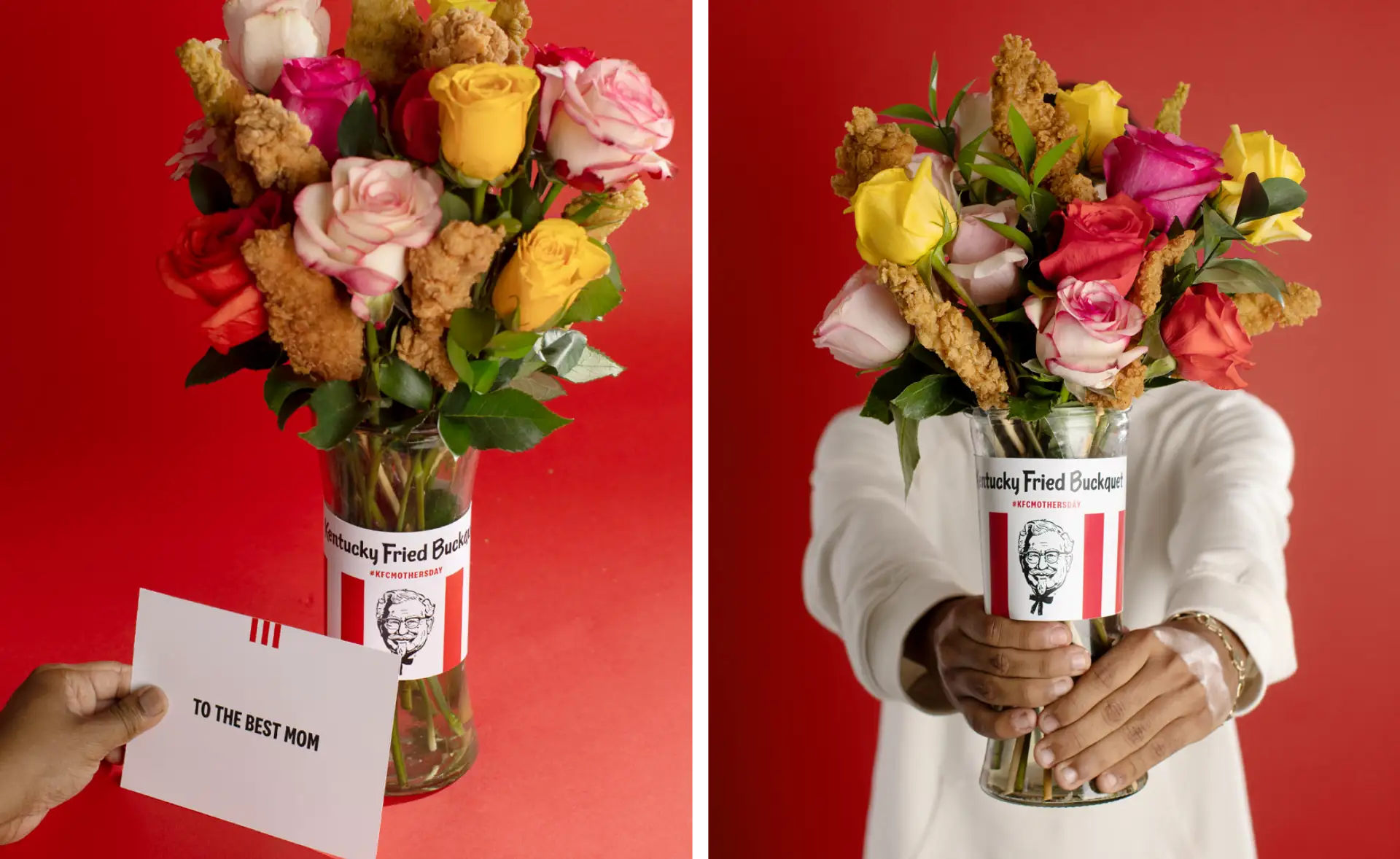 Two-panel image showing a hand presenting a Mother's Day card next to the KFC Buckquet, and a person holding the finished chicken and rose bouquet.