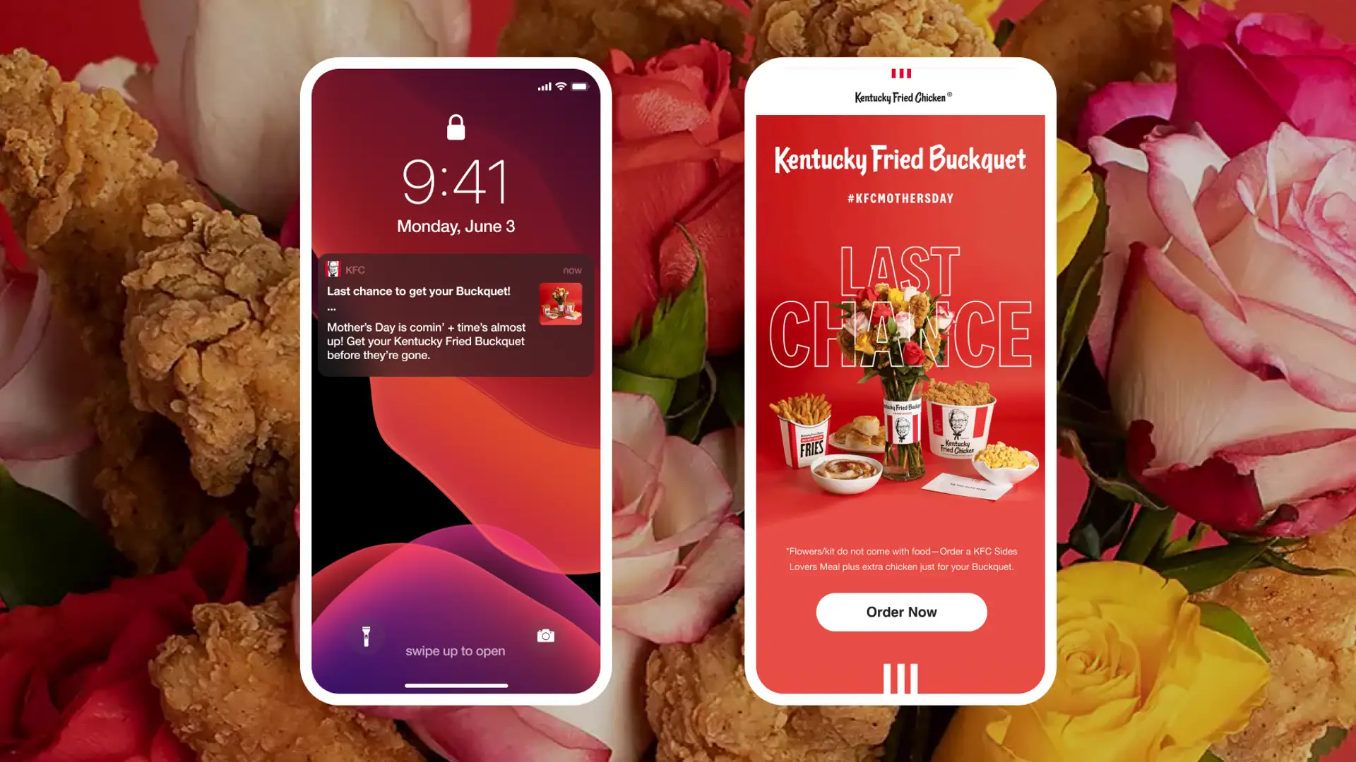 Mobile phone screenshots showing a KFC Mother's Day notification and a "Last Chance" promotion for the Buckquet.