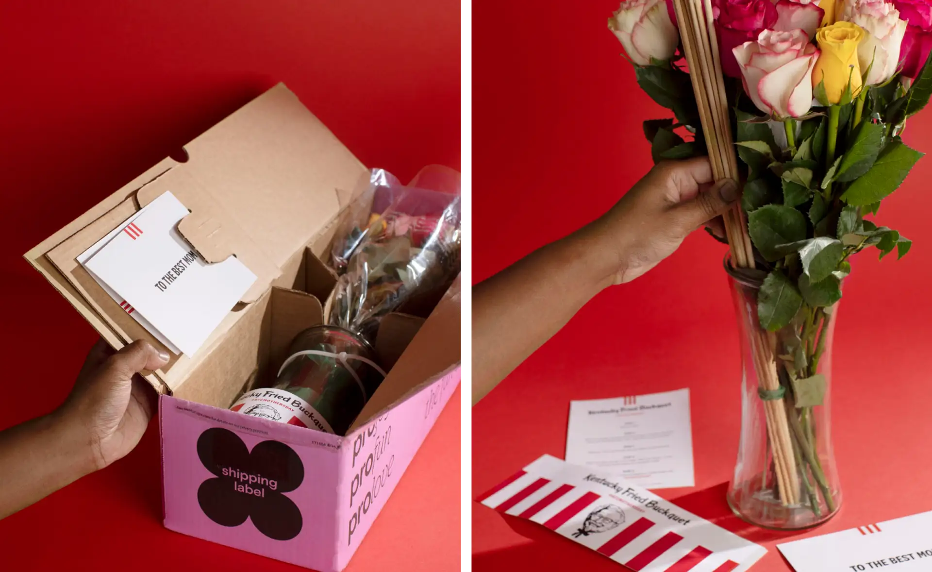 Collage showing the KFC Buckquet gift packaging and the preparation of the roses in a vase.