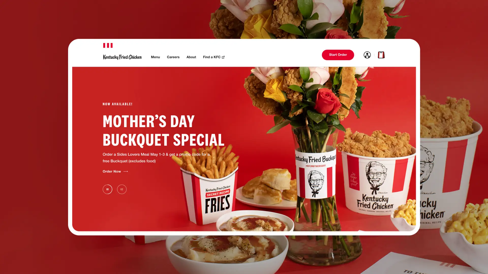 A screenshot of the KFC website promoting a Mother's Day Buckquet Special with fried chicken, fries, and a chicken bouquet.